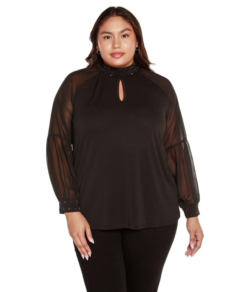 Front of a model wearing a size 2X Plus Size Embellished Mock Neck Top in Black by Belldini Black Label. | dia_product_style_image_id:319241